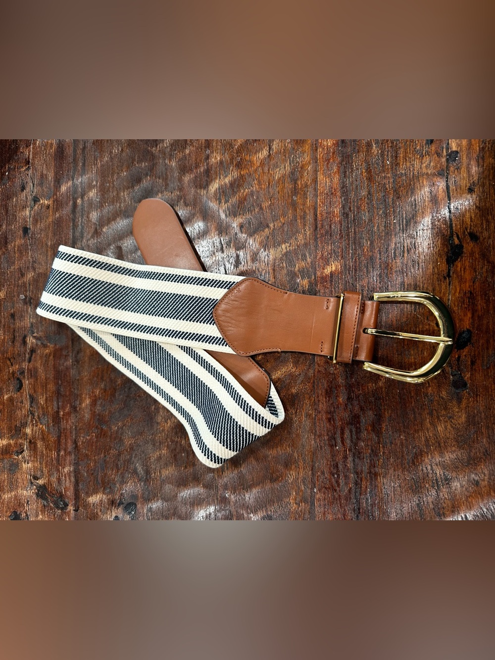Lauren Ralph Lauren  Leather and Navy Stripe Canvas belt
